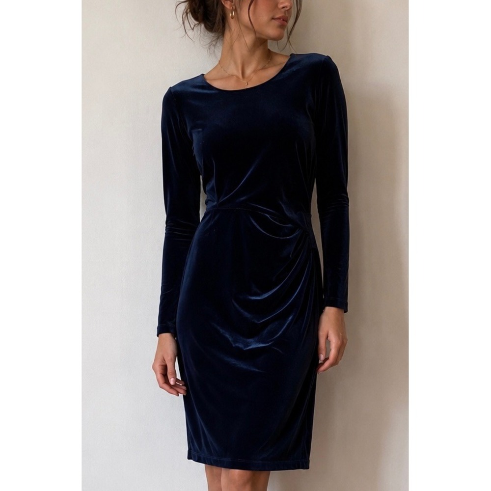 Eliza J Navy Blue Velvet Ruched Sheath Dress‎ Size 8 Cocktail Wedding Guest